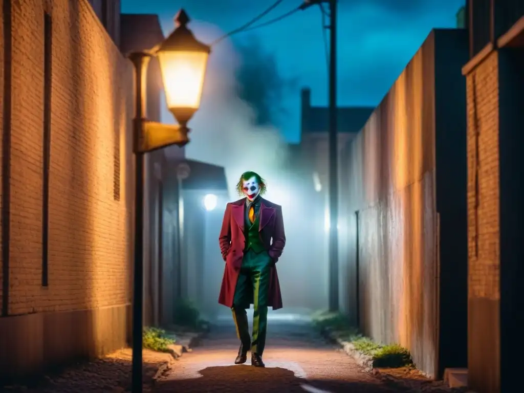 Un callejón nocturno envuelto en sombras densas, iluminado por una solitaria farola