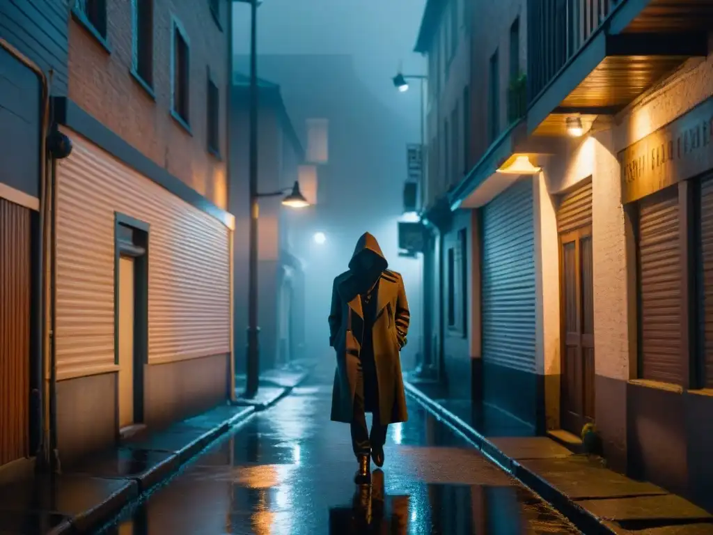 Un callejón nocturno iluminado débilmente, con un farol proyectando largas sombras