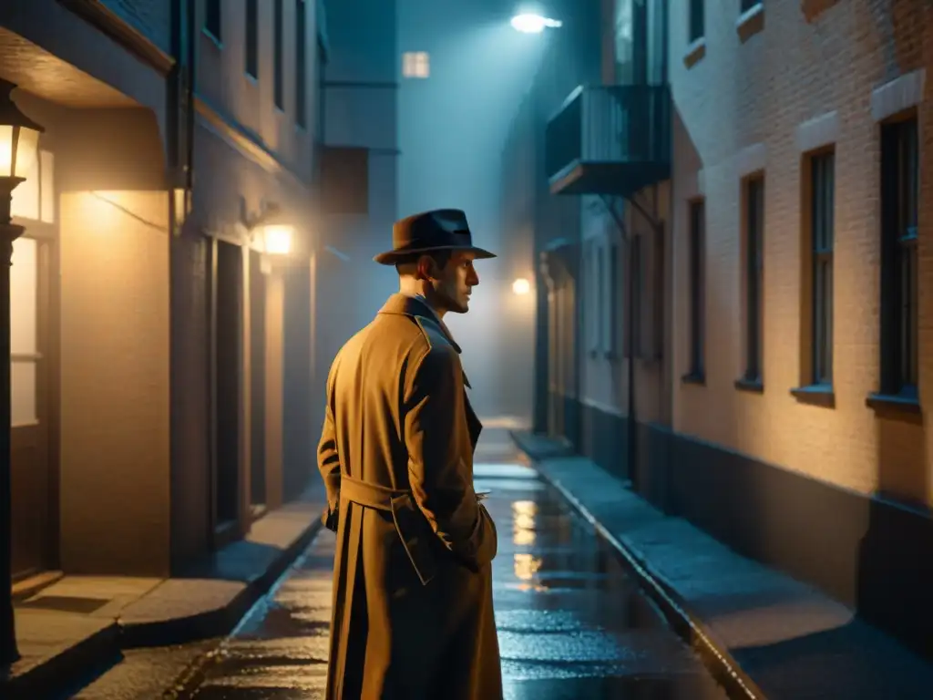 Un callejón nocturno iluminado por una lámpara de la calle, con un misterioso detective