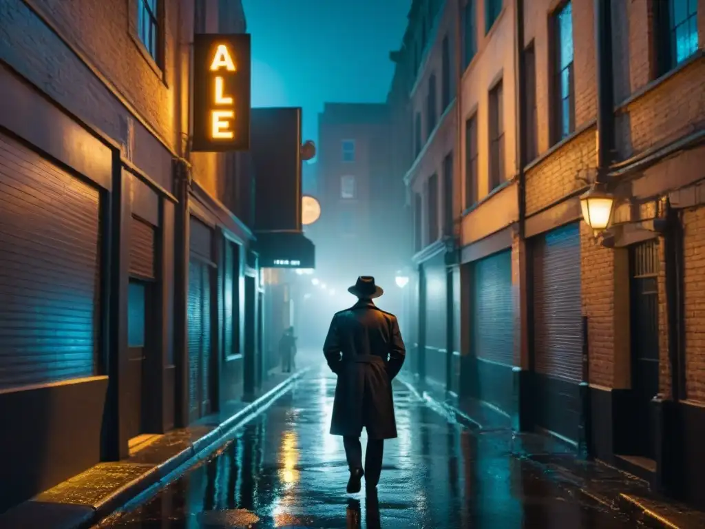 Un callejón nocturno en la lluvia, iluminado por luces de neón