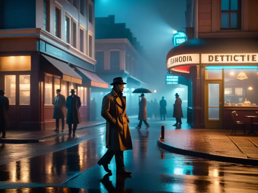 Noche de misterio: Detectives y sombras en la ciudad lluviosa Un callejón nocturno y lluvioso, con sombras alargadas de figuras en gabardina y fedora