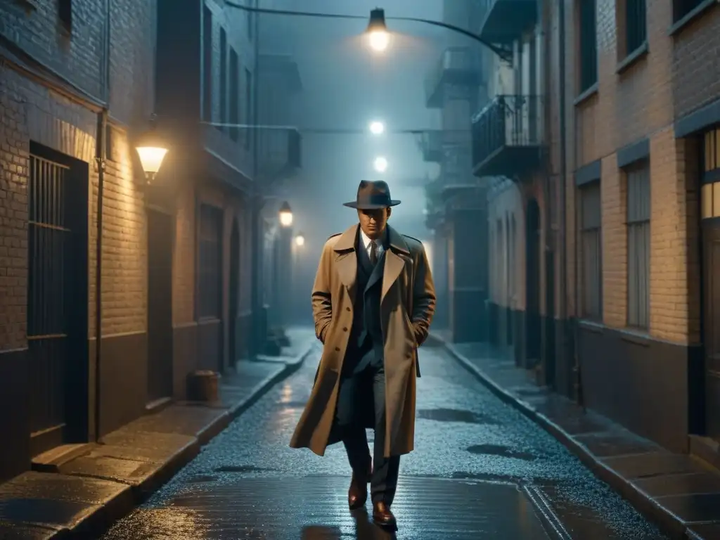 Un callejón nocturno con neblina, iluminado por una farola y una figura misteriosa