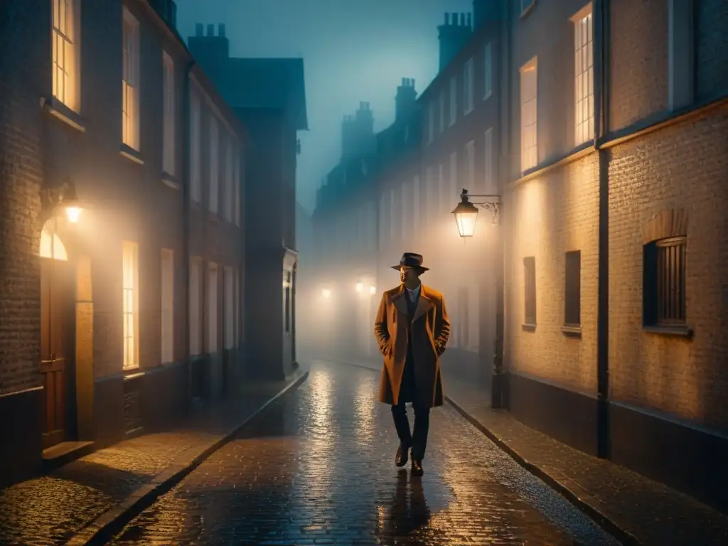 Un callejón nocturno entre niebla, iluminado por farola vintage