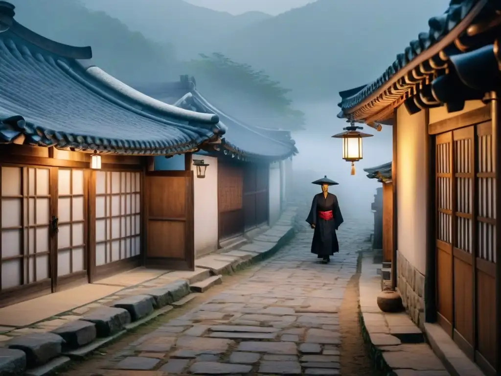 Un callejón oscuro en una aldea rural de Corea del Sur, envuelto en niebla, con casas tradicionales hanok en el estrecho sendero empedrado