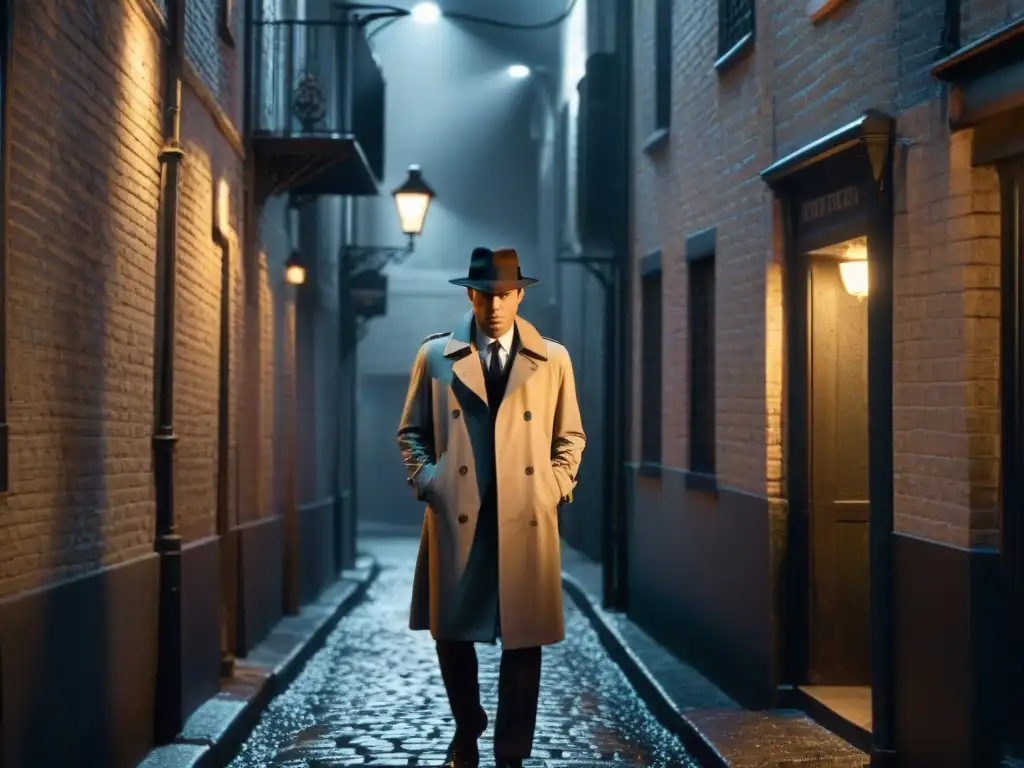 Un callejón oscuro en blanco y negro con un misterioso detective en gabardina y sombrero, reflejando la esencia de Film Noir