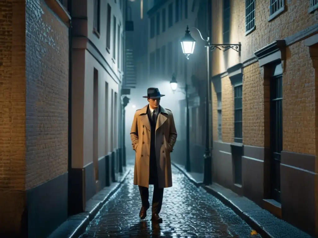 En un callejón oscuro en blanco y negro, un detective en trench y fedora bajo una farola titilante