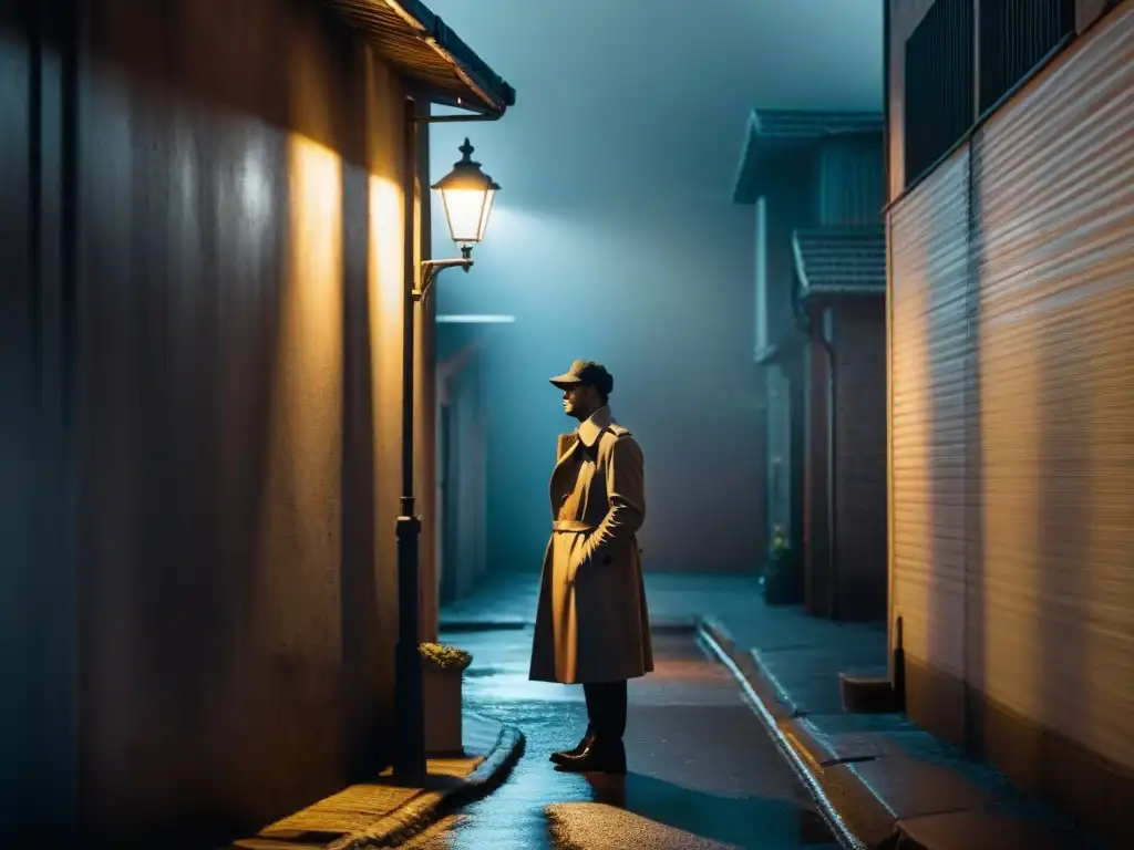 Un callejón oscuro en blanco y negro con una figura solitaria bajo una farola parpadeante, creando una atmósfera de misterio y intriga en el cine noir