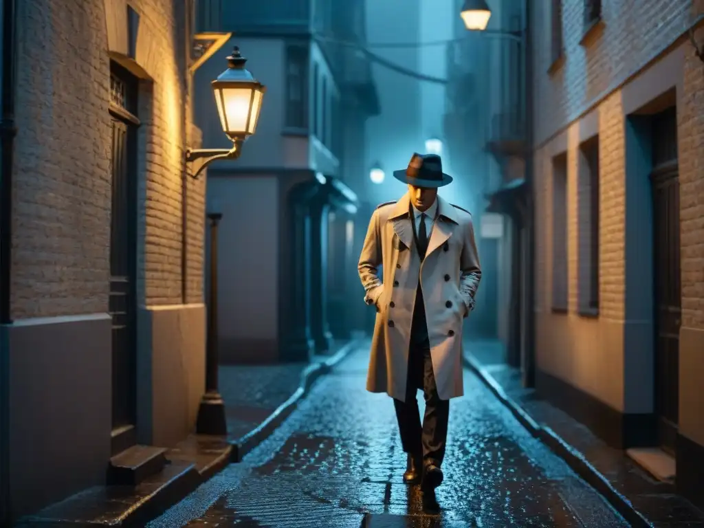 Un callejón oscuro en blanco y negro con lluvia cayendo sobre el empedrado