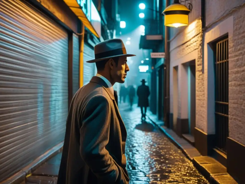 Un callejón oscuro de una bulliciosa ciudad latinoamericana de noche, reflejando luces de neón