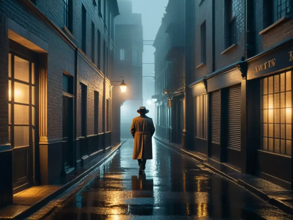 Alleyway Noir: Silueta misteriosa bajo la lluvia Un callejón oscuro en una bulliciosa ciudad de noche, la lluvia crea un efecto brillante en el suelo mojado