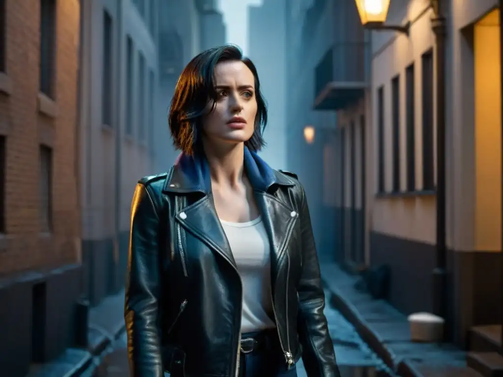 Jessica Jones en un callejón oscuro, con chaqueta de cuero, en un ambiente de cine negro