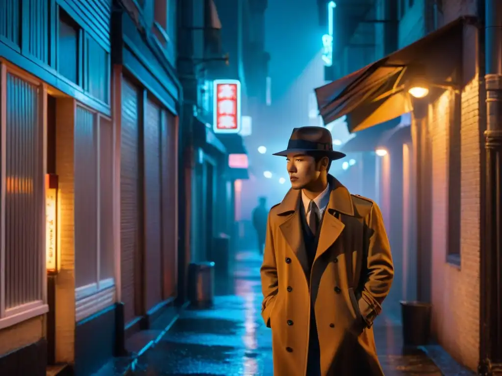Un callejón oscuro de ciudad asiática iluminado por un letrero de neón, donde un detective con gabardina y sombrero se destaca