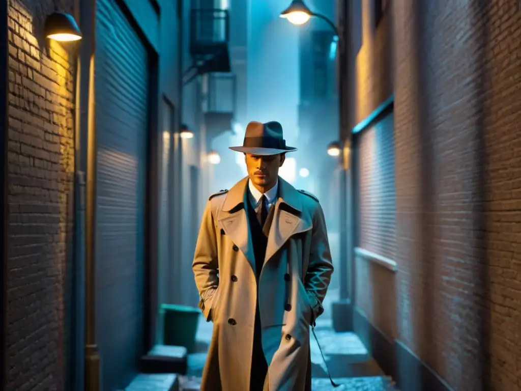 Un callejón oscuro de la ciudad en blanco y negro con un solitario detective en gabardina y sombrero, iluminado por una farola parpadeante