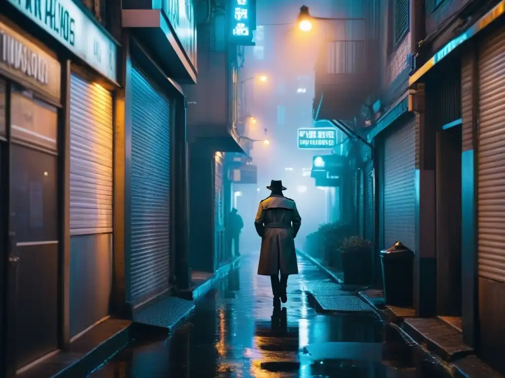 Un callejón oscuro en una ciudad bulliciosa, iluminado por neones con reflejos en el pavimento mojado