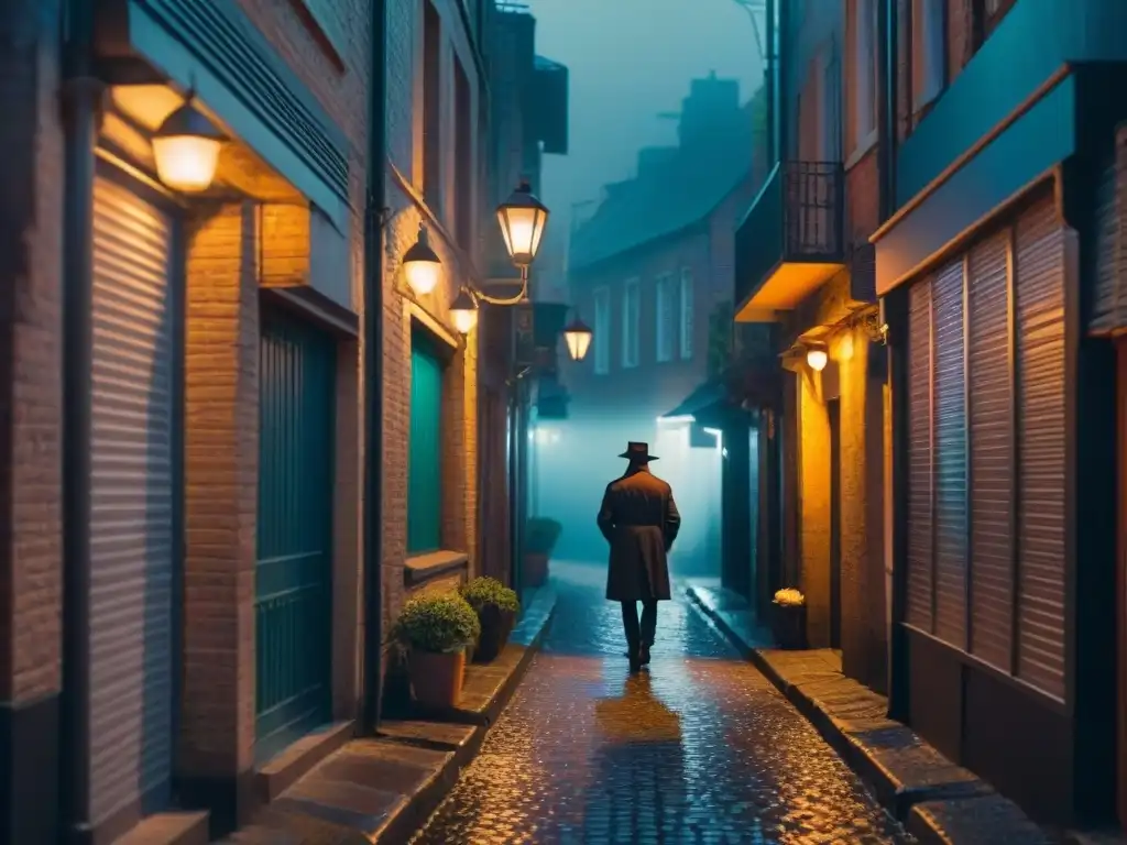 Un callejón oscuro en una ciudad bulliciosa de noche, con sombras y un figura bajo una farola titilante, creando un ambiente misterioso y nostálgico