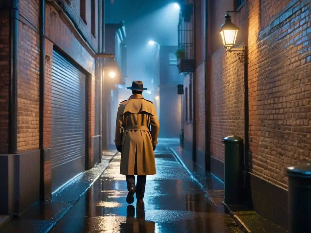 Un callejón oscuro en una ciudad bulliciosa de noche, la lluvia cae creando un brillo en el pavimento mojado