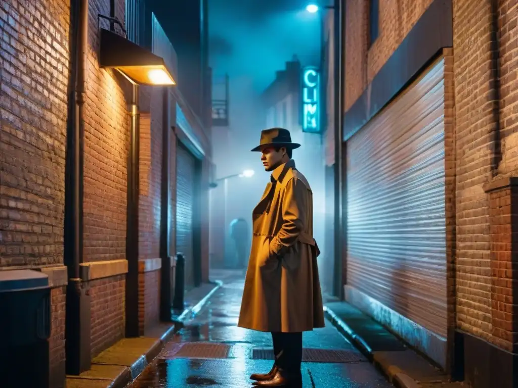 Un callejón oscuro en una ciudad bulliciosa de noche, reflejando letreros de neón