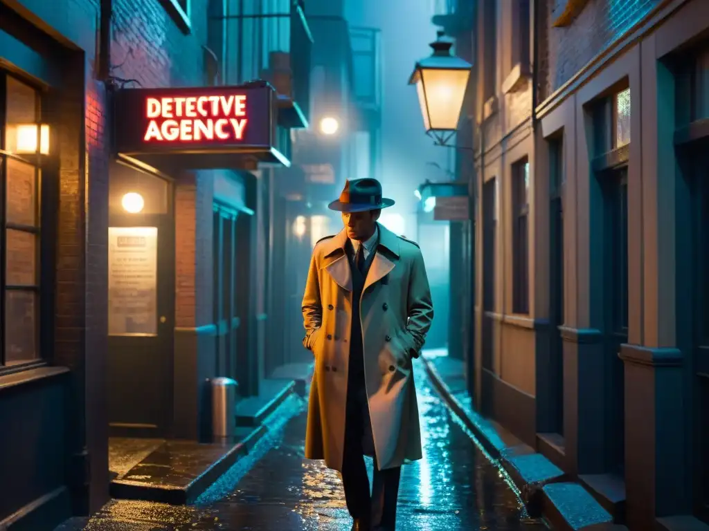 Un callejón oscuro en una ciudad bulliciosa, iluminado solo por un letrero de neón que dice 'Agencia de Detectives'