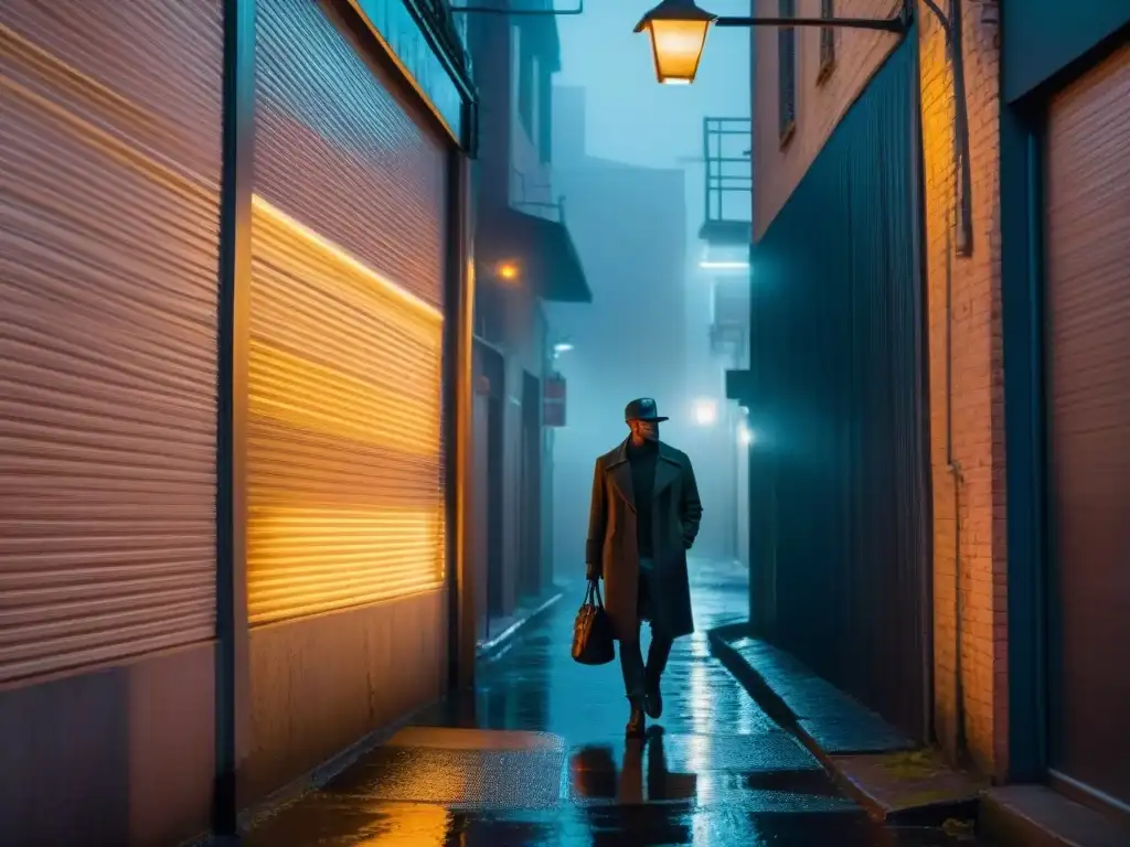 Un callejón oscuro en una ciudad bulliciosa de noche, con sombras misteriosas y una figura solitaria bajo una farola parpadeante