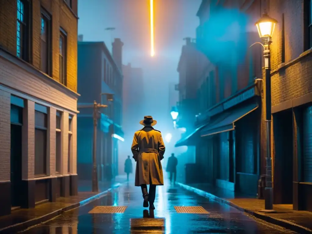 En un callejón oscuro de una ciudad futurista, un misterioso detective bajo la luz de la calle