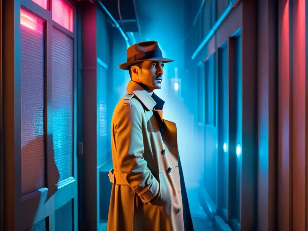 En un callejón oscuro de una ciudad futurista, un detective investiga un misterioso caso en un escenario de ciencia ficción