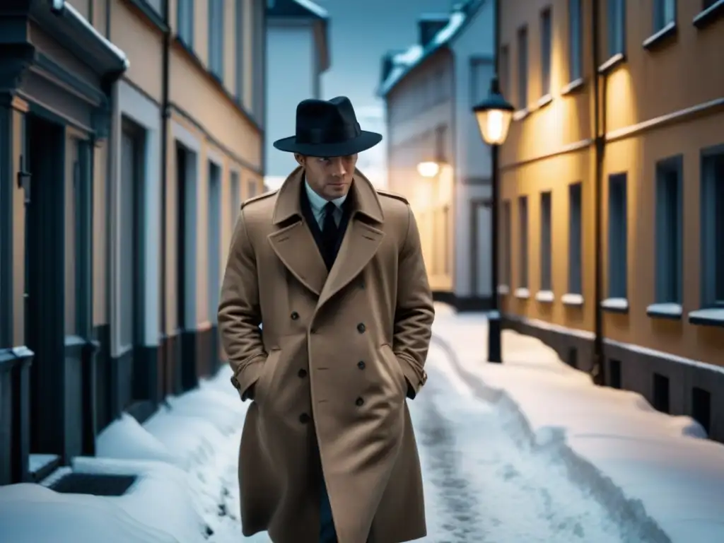 Un callejón oscuro en una ciudad escandinava nevada, iluminado por la luz de una farola vintage