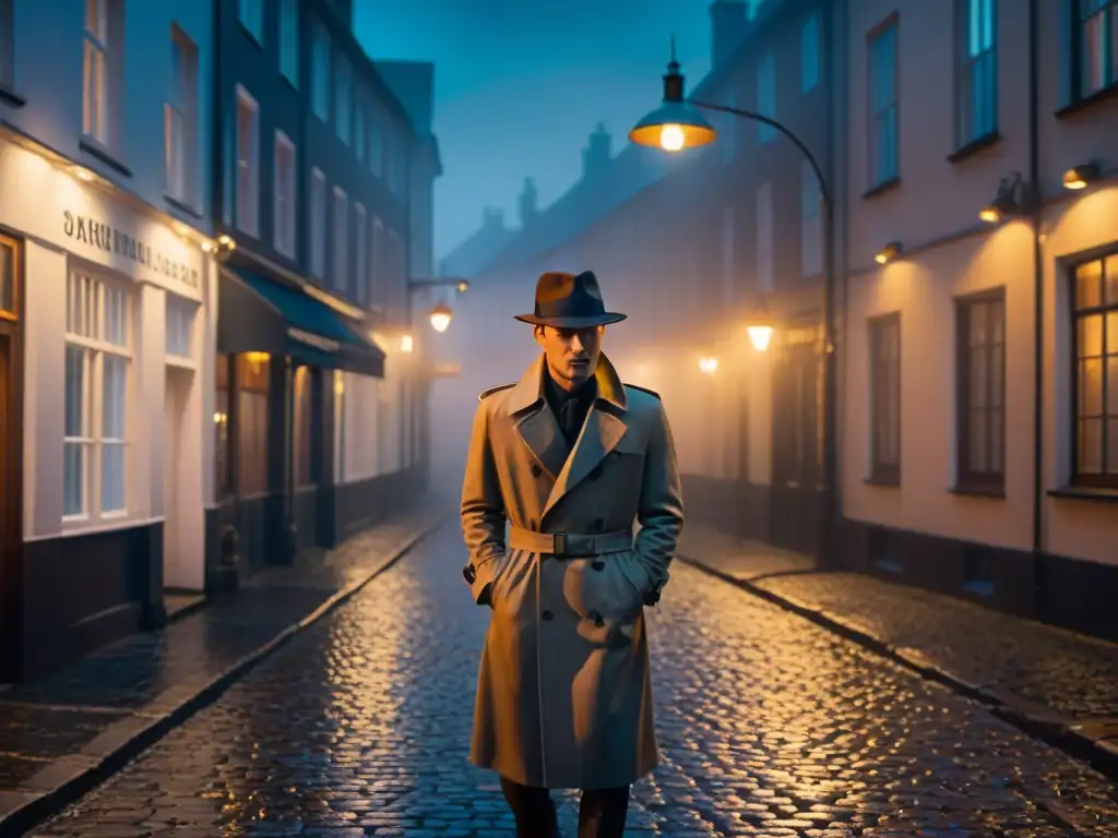 Un callejón oscuro en una ciudad escandinava de noche, con neblina alrededor de farolas vintage