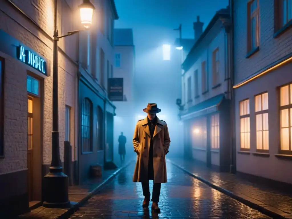 Un callejón oscuro de una ciudad escandinava por la noche, envuelto en niebla con el resplandor de un letrero de neón, creando sombras tenebrosas