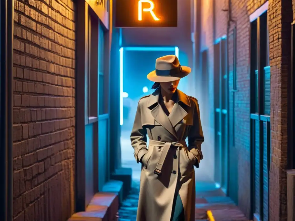 Un callejón oscuro de una ciudad de noche, con una figura solitaria en gabardina y sombrero iluminada por un letrero de neón