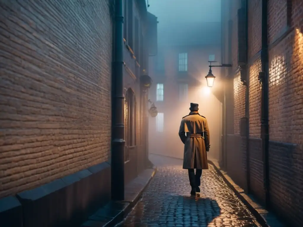 Un callejón oscuro en una ciudad de noche, envuelto en niebla con una única farola proyectando una luz inquietante