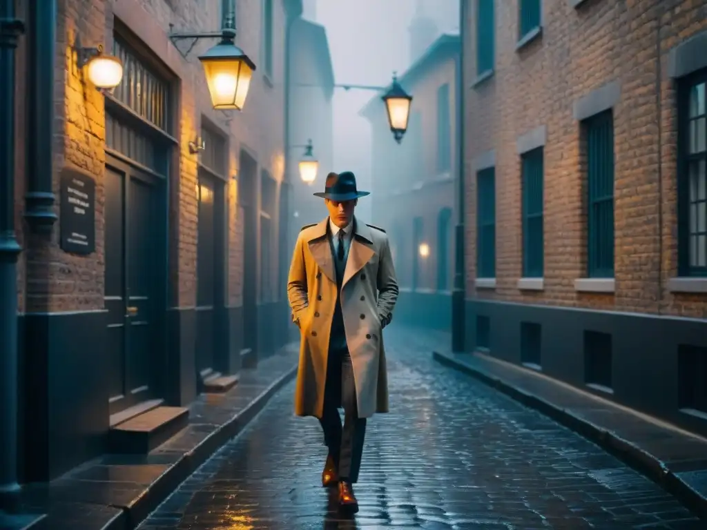 Un callejón oscuro en una ciudad vintage, con neblina y una figura solitaria con sombrero y gabardina