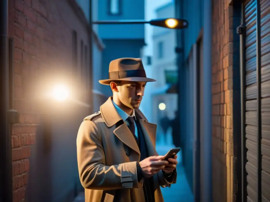 Detective nocturno en busca de pistas digitales En un callejón oscuro, un detective con abrigo y sombrero mira su smartphone