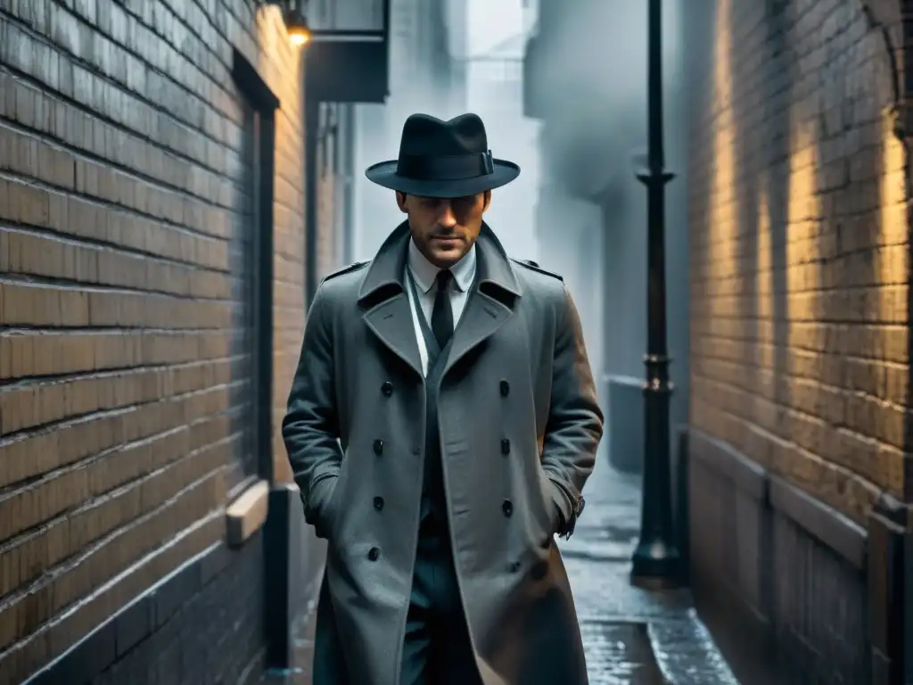 Detective en la niebla: misterio en el callejón En un callejón oscuro, un detective en gabardina y fedora examina un cartel de 'Desaparecido'
