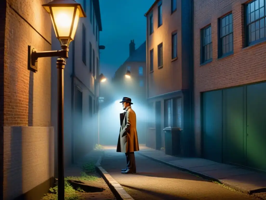 En un callejón oscuro, un detective examina una misteriosa figura alienígena