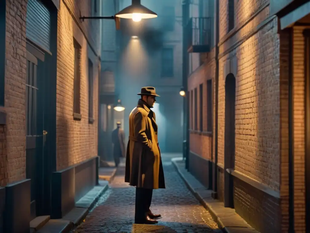 En un callejón oscuro, un detective solitario vigilando con determinación