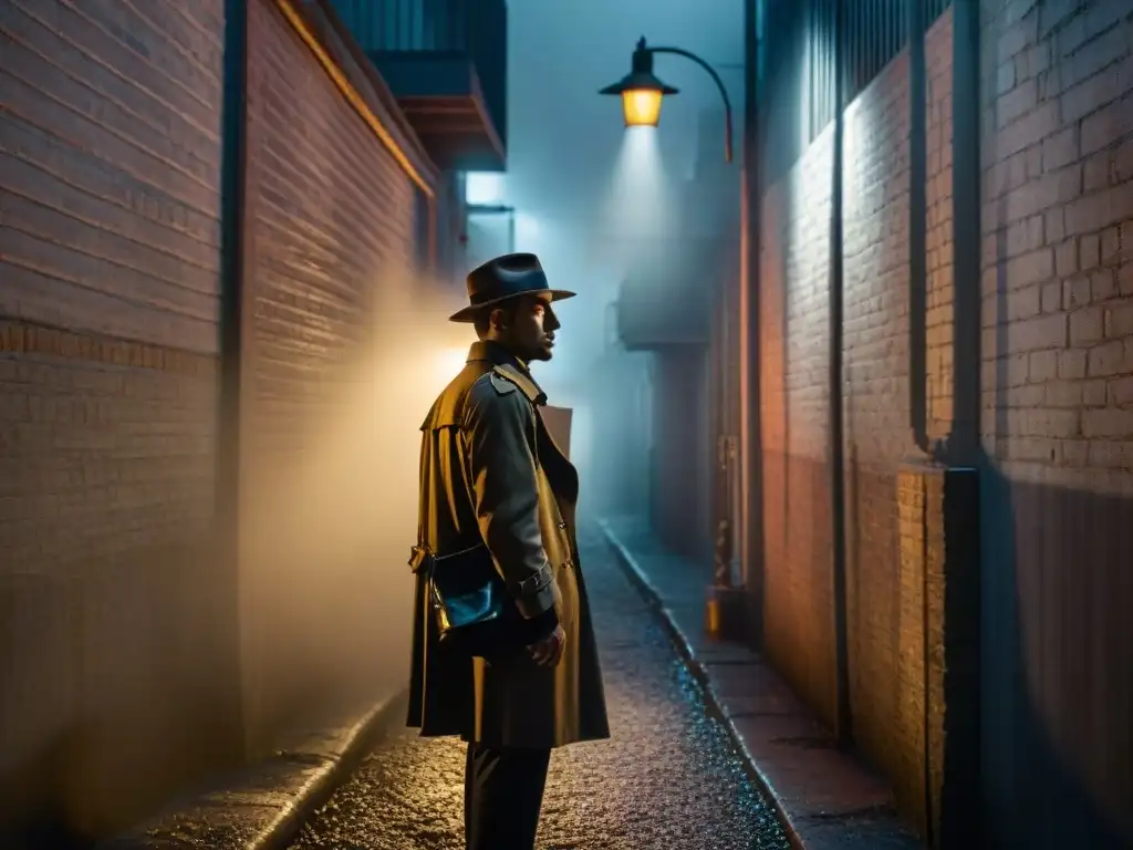 Un callejón oscuro en un entorno urbano, iluminado por la luz titilante de una farola cercana