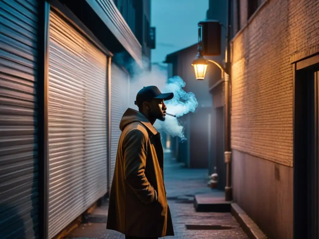 Un callejón oscuro en un entorno urbano, con una figura misteriosa bajo una farola, fumando un cigarrillo entre sombras