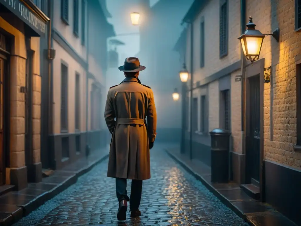 Escena de film noir: misterio y suspense en un callejón oscuro Un callejón oscuro envuelto en niebla, la farola tenue proyecta sombras largas en los adoquines mojados