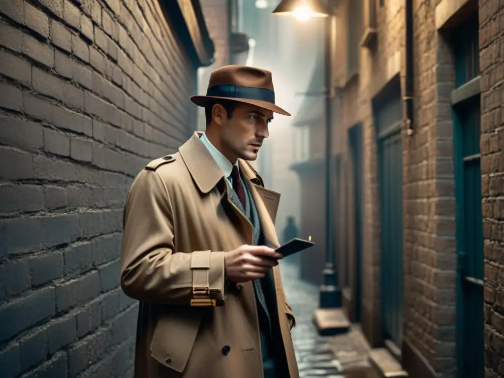 Un callejón oscuro al estilo Film Noir con un detective examinando un carrete de película misterioso