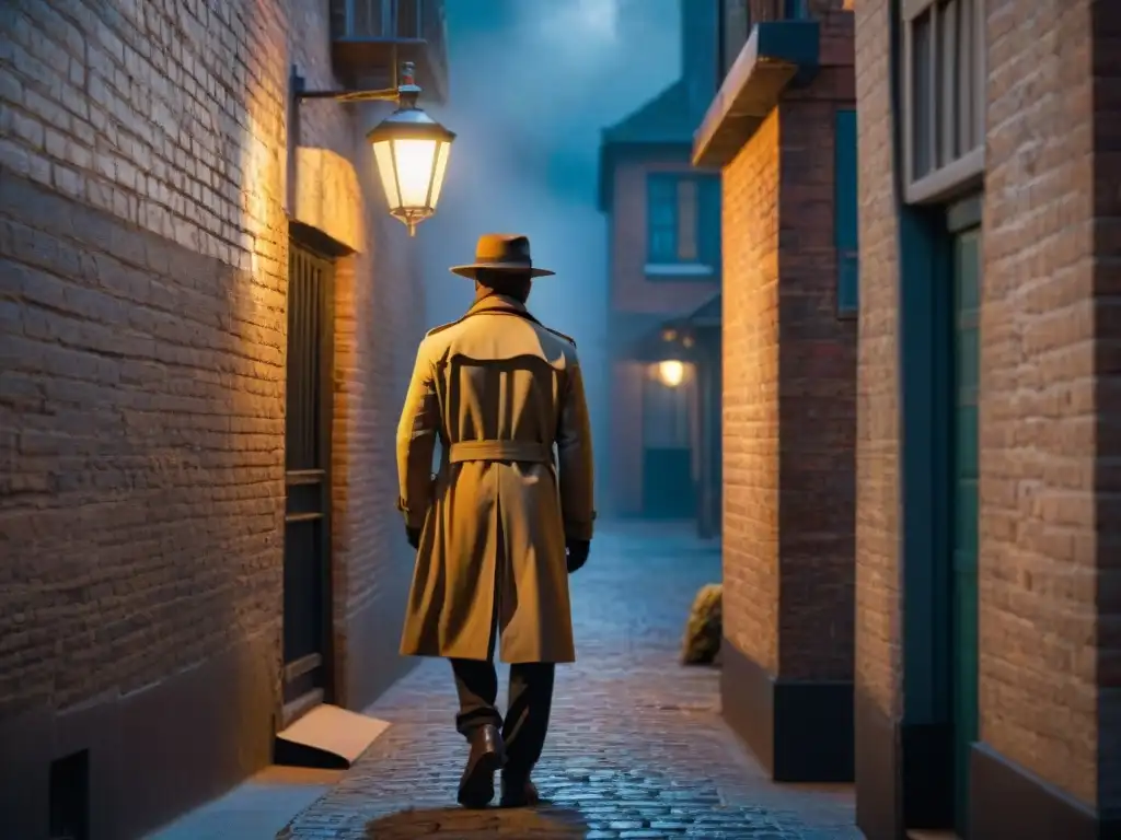 En un callejón oscuro, una figura practica autodefensa bajo la luz de una farola vintage, proyectando sombras largas en las paredes de ladrillo