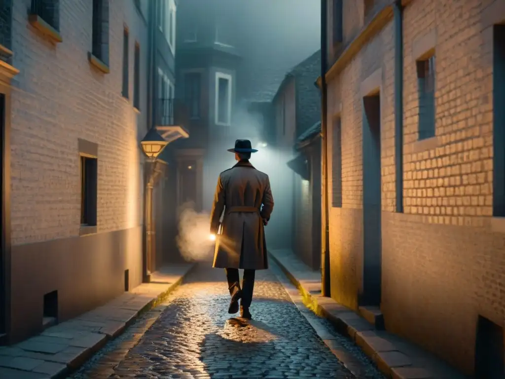 En un callejón oscuro, una figura misteriosa en gabardina y sombrero observa entre sombras