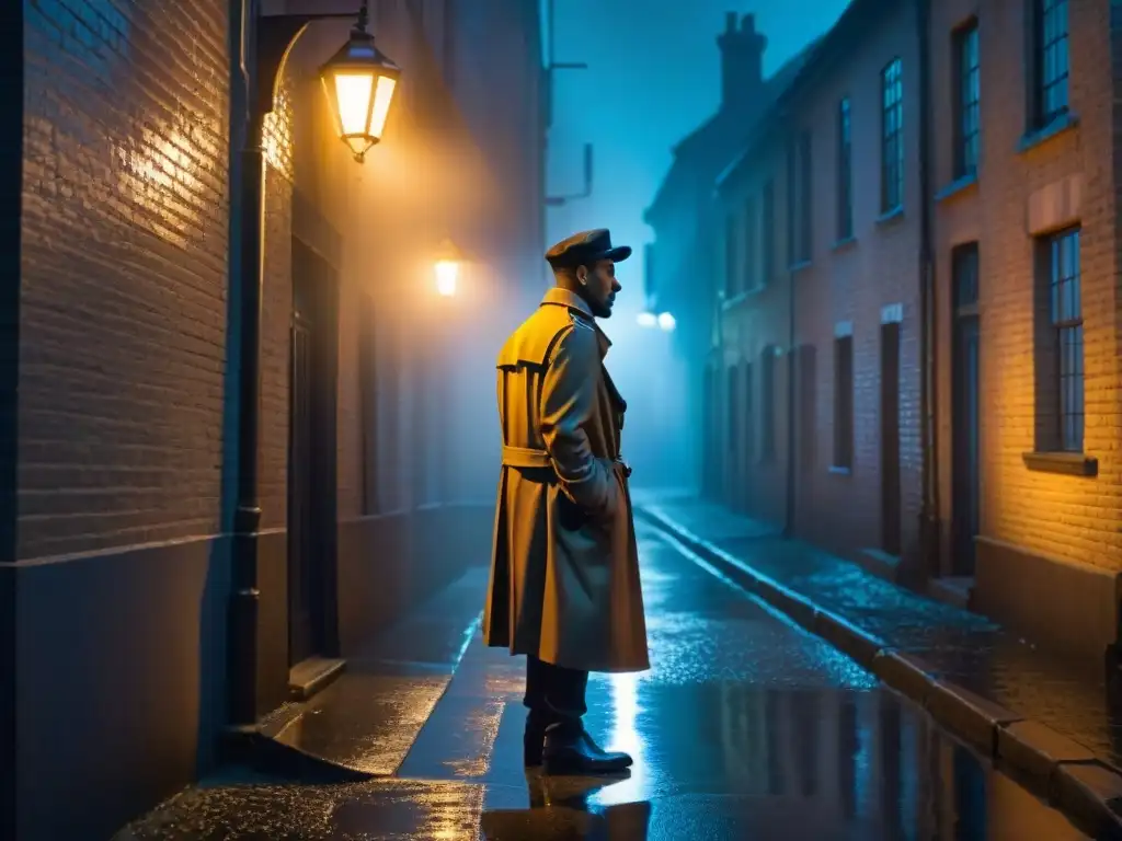 En un callejón oscuro, una figura solitaria se recorta contra la luz de una farola