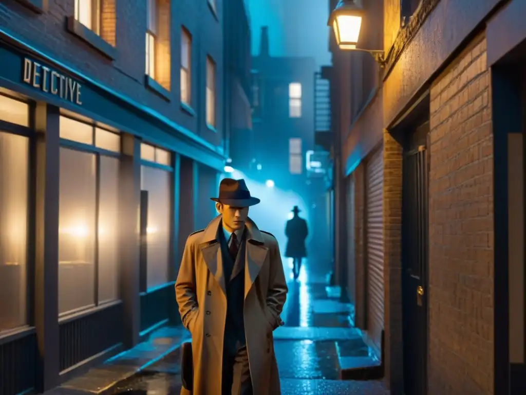 Alleyway detectives: misterio bajo neon En un callejón oscuro, figuras misteriosas bajo un letrero de 'Detective Agency', con un toque moderno de cine negro detectives siglo XXI