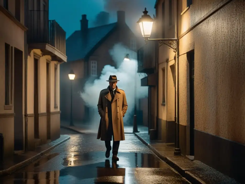 Un callejón oscuro con figuras en la sombra, un misterioso reflejo oscuro de Luther bajo una farola titilante