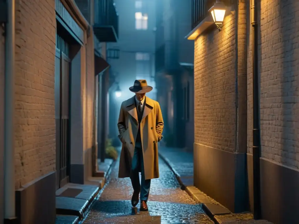 Un callejón oscuro iluminado por la débil luz de una farola parpadeante, proyectando largas sombras en el suelo adoquinado mojado