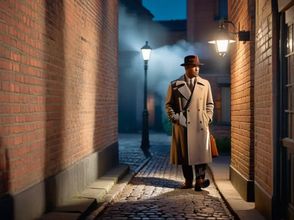 Un callejón oscuro iluminado por una farola vintage, creando un ambiente de misterio