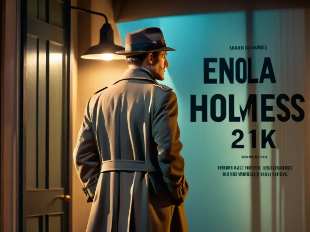 Un callejón oscuro iluminado por una farola, con un misterioso detective y un póster de 'Enola Holmes 2'