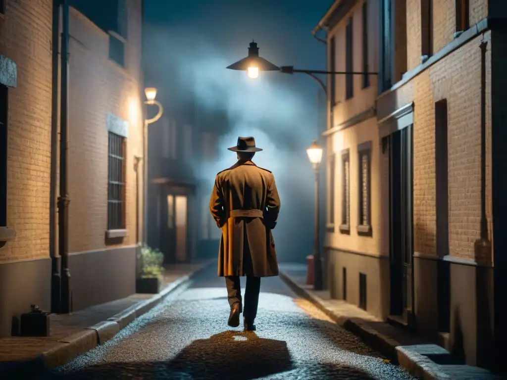 Un callejón oscuro iluminado por una farola, con una figura misteriosa en un abrigo y sombrero, evocando el cine noir