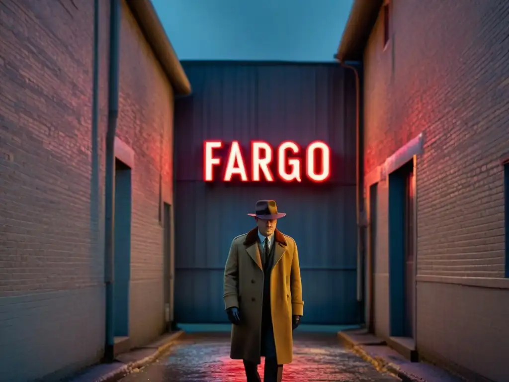 Un callejón oscuro iluminado por un letrero de neón 'Fargo'