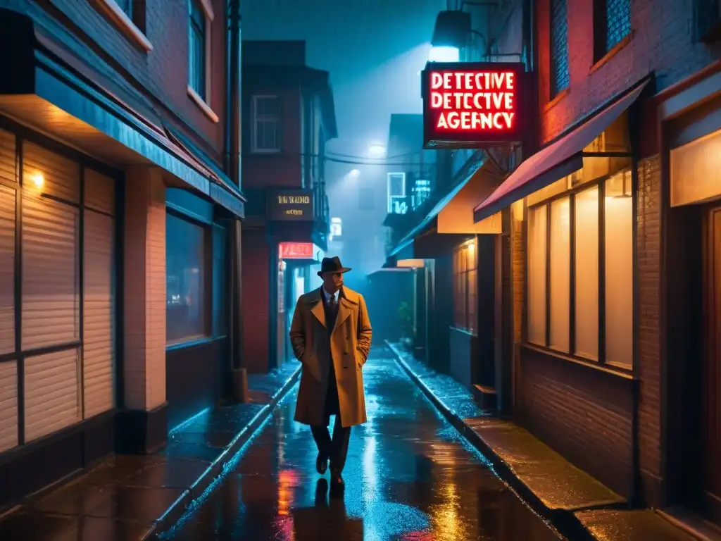 Un callejón oscuro iluminado por un letrero de 'Detective Agency', evocando el cine noir